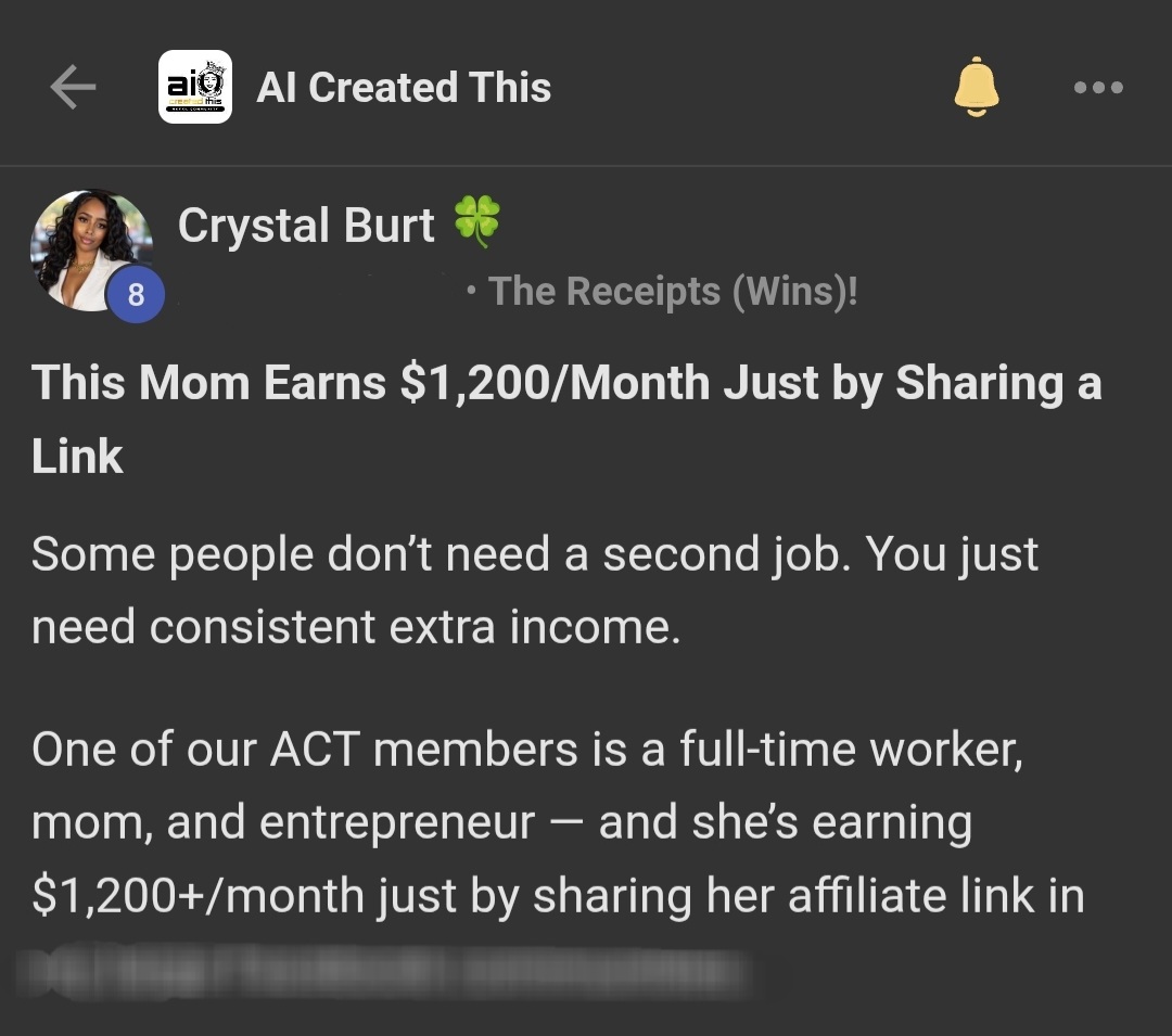 Crystal's post: This mom earns $1,200/month just by sharing a link